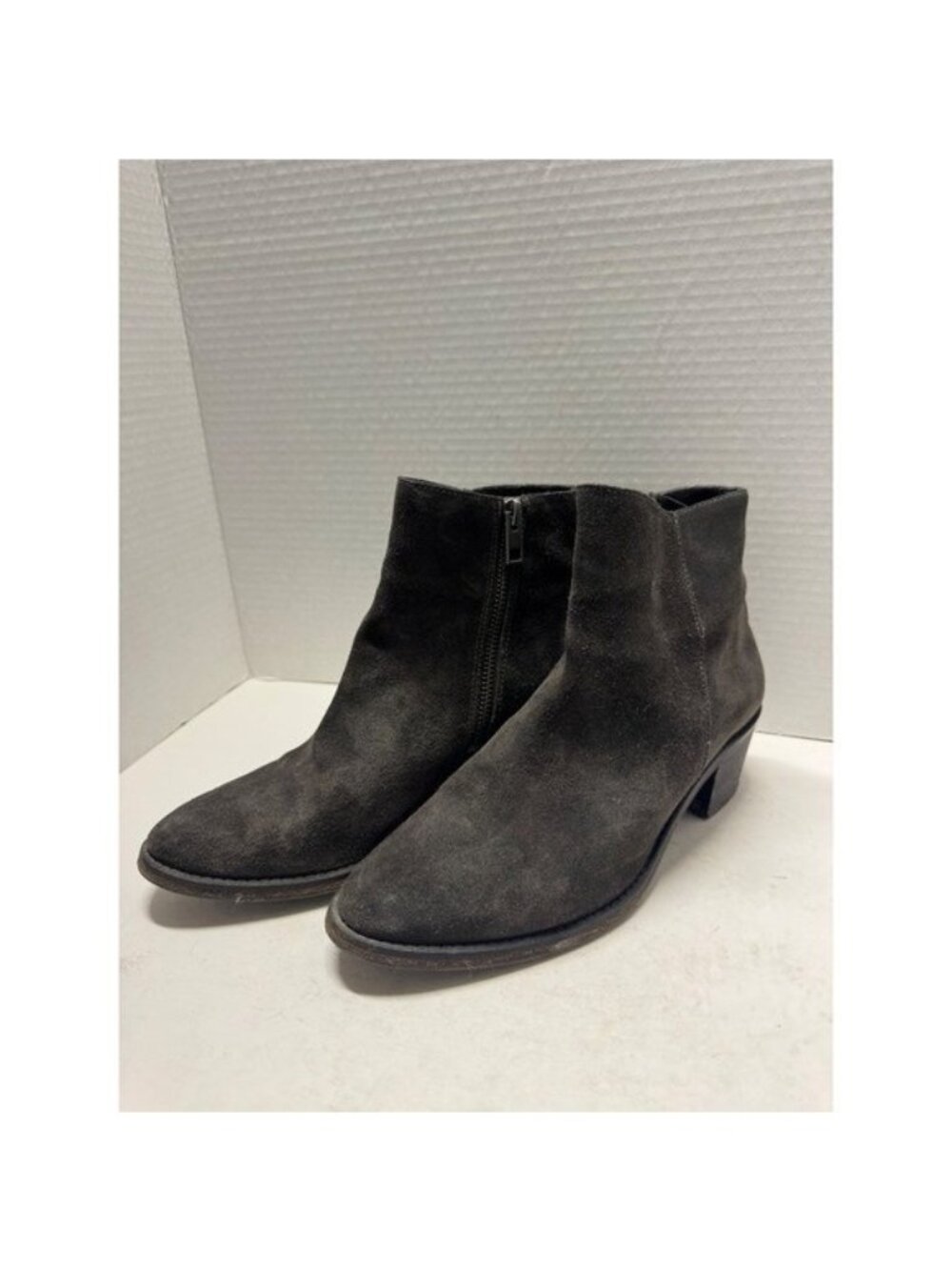 AllSaints Grey Suede Ankle Boots Almond Toe Block Heel Zip Portugal Size 38 7.5